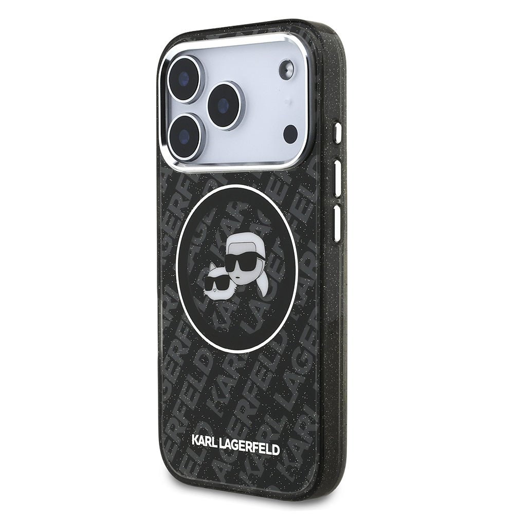 iPhone 17 Pro Kılıf Karl Lagerfeld Orjinal Lisanslı Parlayan Simli Karl & Choupette Heads Kapak