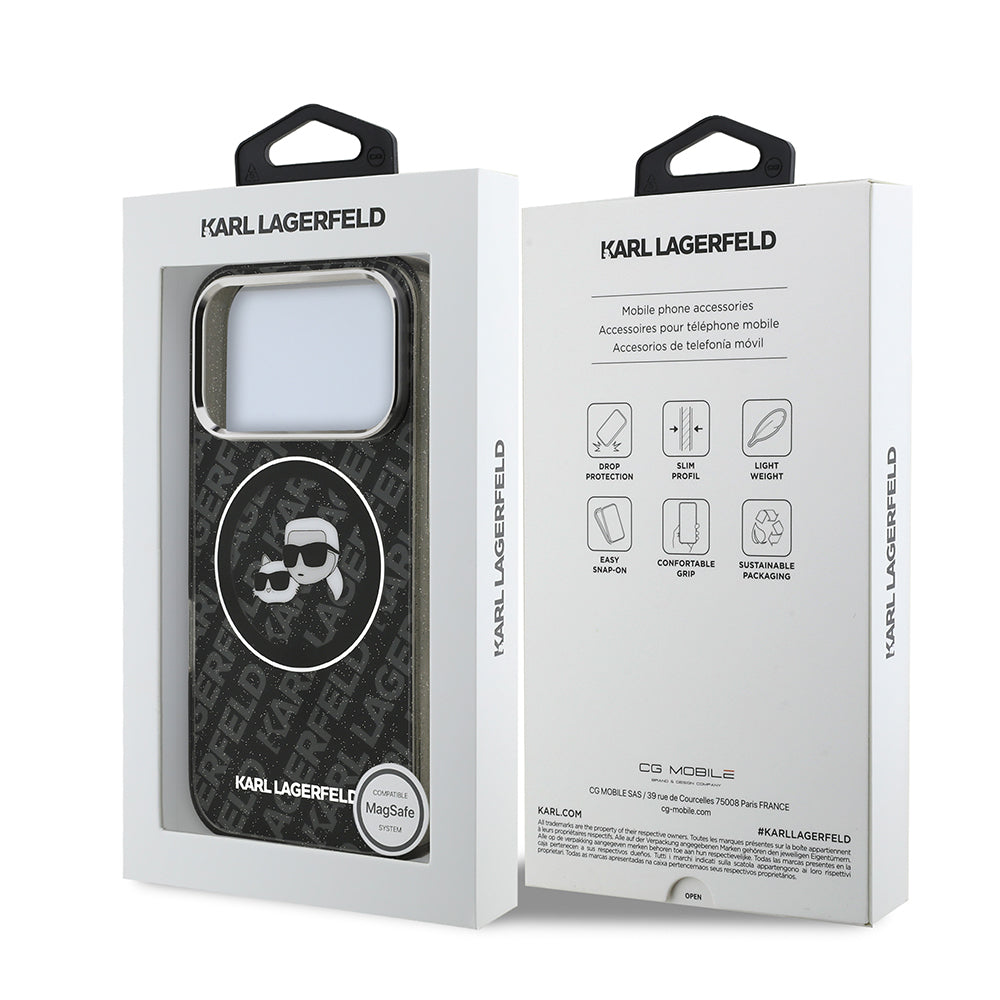 iPhone 17 Pro Kılıf Karl Lagerfeld Orjinal Lisanslı Parlayan Simli Karl & Choupette Heads Kapak