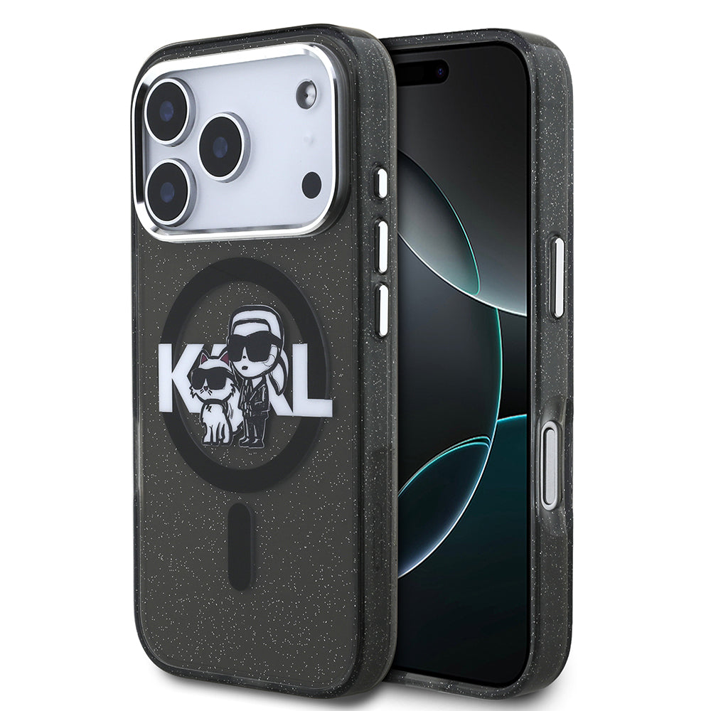 iPhone 17 Pro Kılıf Karl Lagerfeld Orjinal Lisanslı Parlayan Simli Karl & Choupette Sketch Logo Kapak