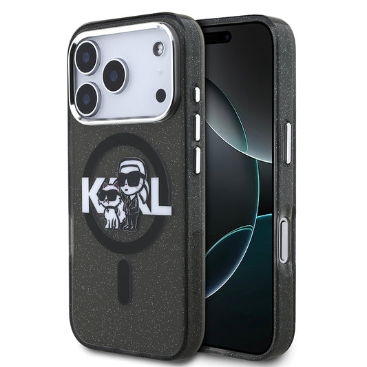 iPhone 17 Pro Kılıf Karl Lagerfeld Orjinal Lisanslı Parlayan Simli Karl & Choupette Sketch Logo Kapak