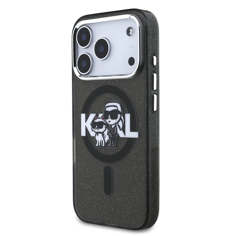 iPhone 17 Pro Kılıf Karl Lagerfeld Orjinal Lisanslı Parlayan Simli Karl & Choupette Sketch Logo Kapak