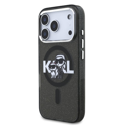 iPhone 17 Pro Kılıf Karl Lagerfeld Orjinal Lisanslı Parlayan Simli Karl & Choupette Sketch Logo Kapak