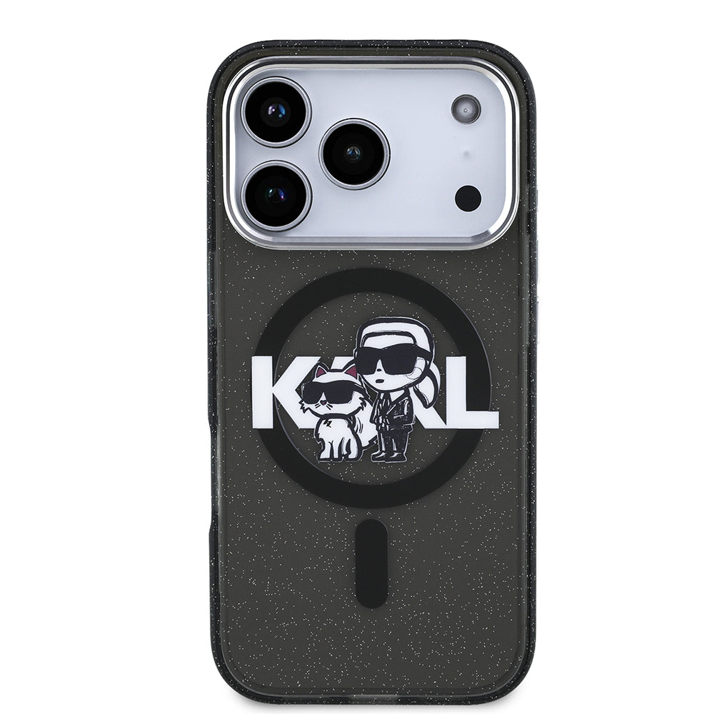 iPhone 17 Pro Kılıf Karl Lagerfeld Orjinal Lisanslı Parlayan Simli Karl & Choupette Sketch Logo Kapak
