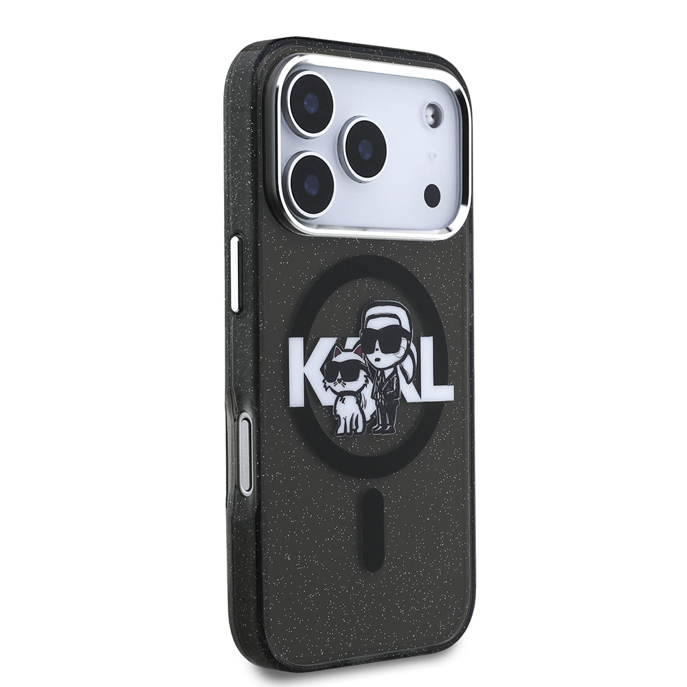 iPhone 17 Pro Kılıf Karl Lagerfeld Orjinal Lisanslı Parlayan Simli Karl & Choupette Sketch Logo Kapak