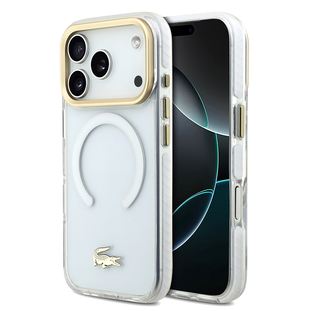 iPhone 17 Pro Kılıf Lacoste Orjinal Lisanslı M-safe Şarj Özellikli Gold Timsah Logolu Buzlu Kapak
