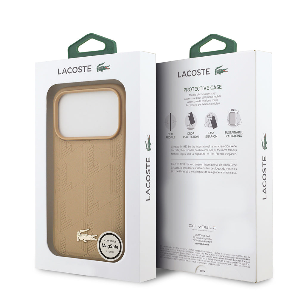 iPhone 17 Pro Kılıf Lacoste Orjinal Lisanslı M-safe Şarj Özellikli PU Deri Tasarımlı Karışık Monogram Desenli Kapak
