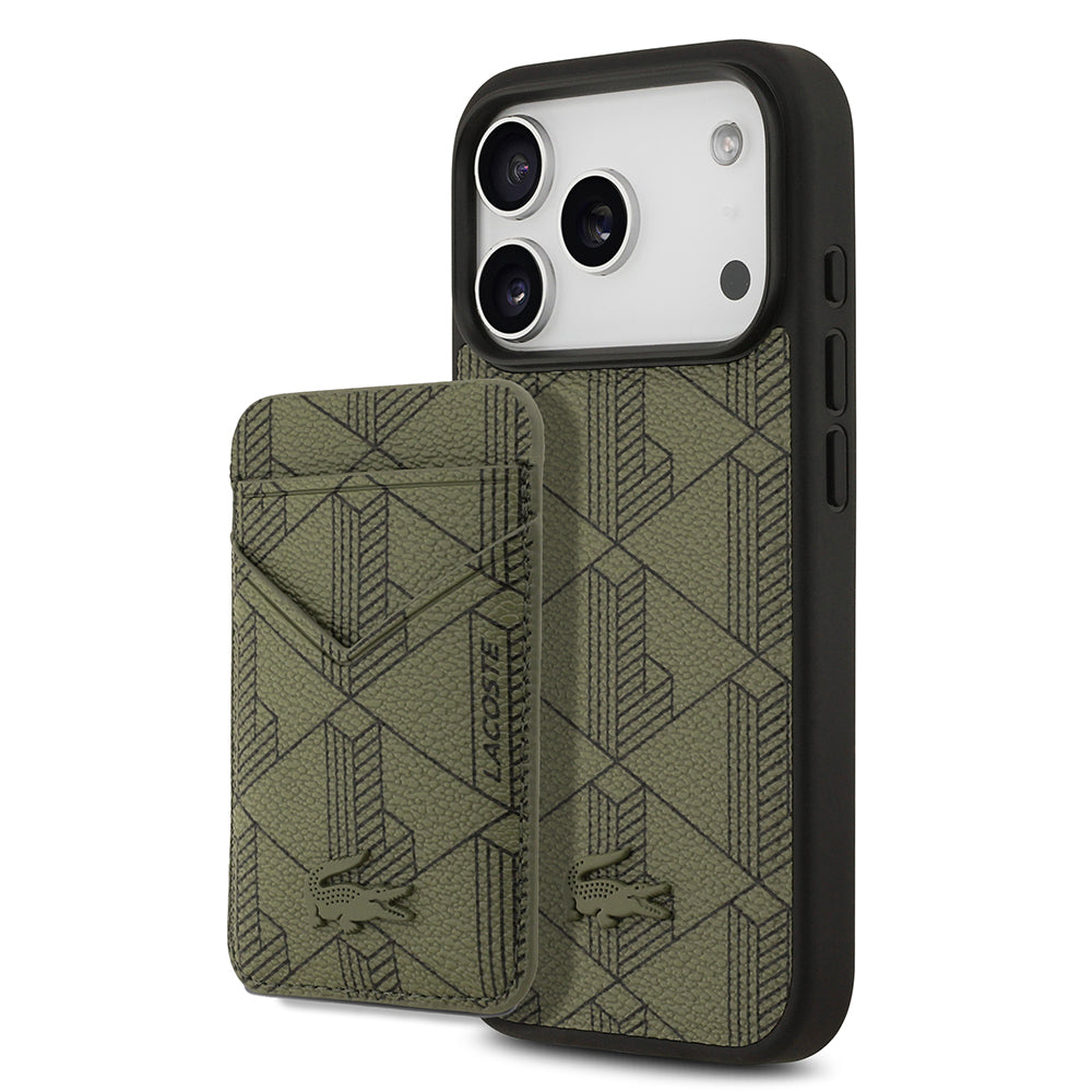 Apple iPhone 17 Pro Kılıf Lacoste Orjinal Lisanslı M-safe Şarj Özellikli PU Deri Tasarımlı Kartlıklı Karışık Monogram Desenli Kapak