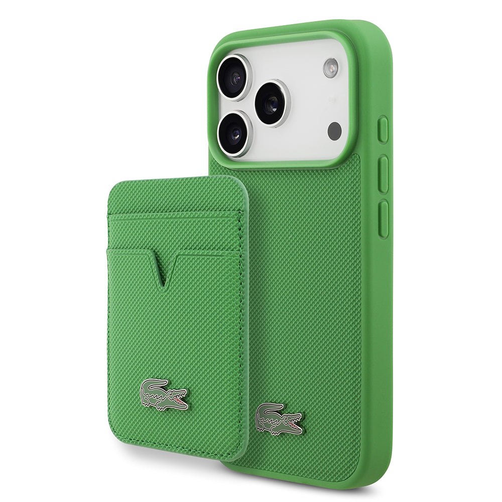 iPhone 17 Pro Kılıf Lacoste Orjinal Lisanslı M-safe Şarj Özellikli PU Pike Desenli Metal Logolu Kartlıklı Kapak