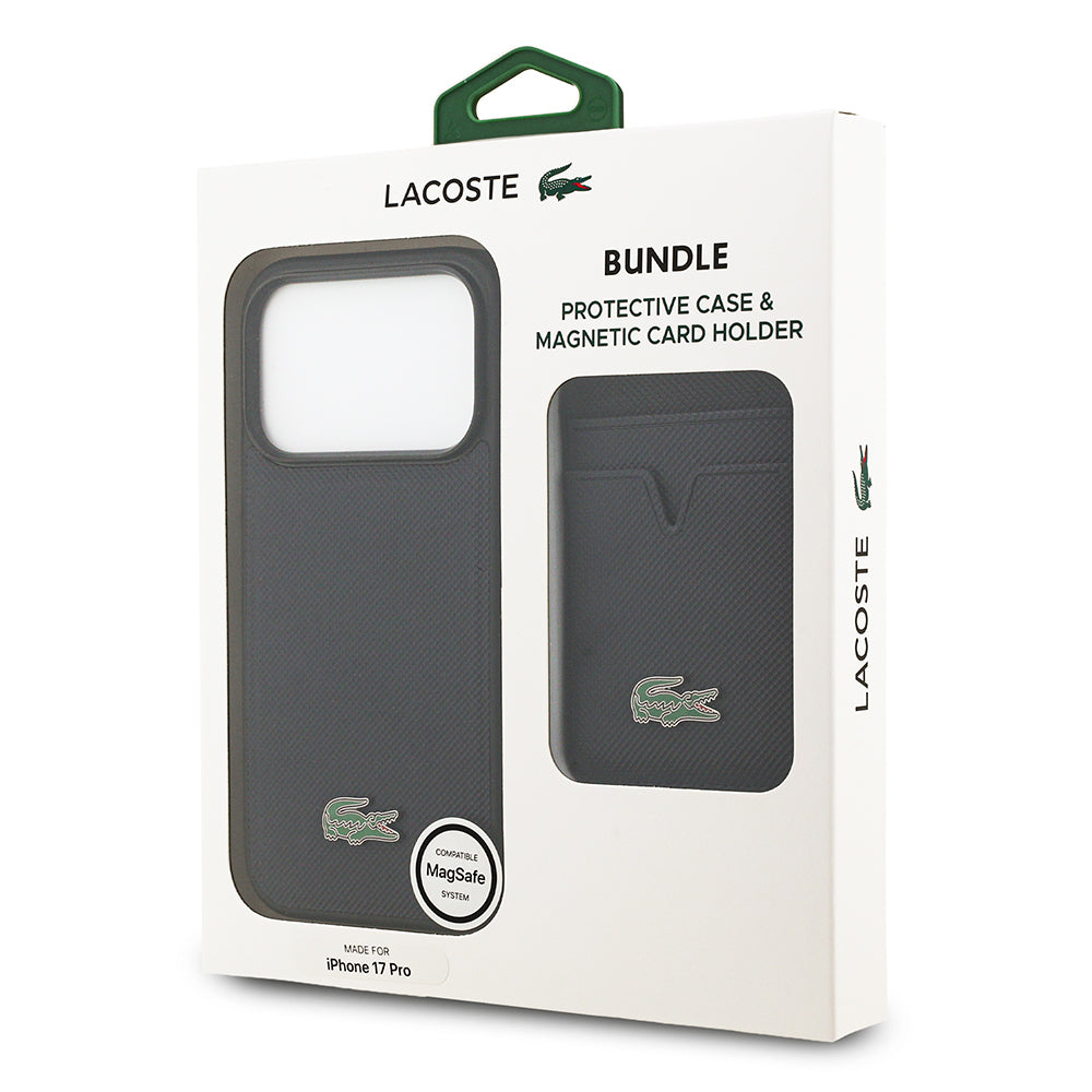 iPhone 17 Pro Kılıf Lacoste Orjinal Lisanslı M-safe Şarj Özellikli PU Pike Desenli Metal Logolu Kartlıklı Kapak