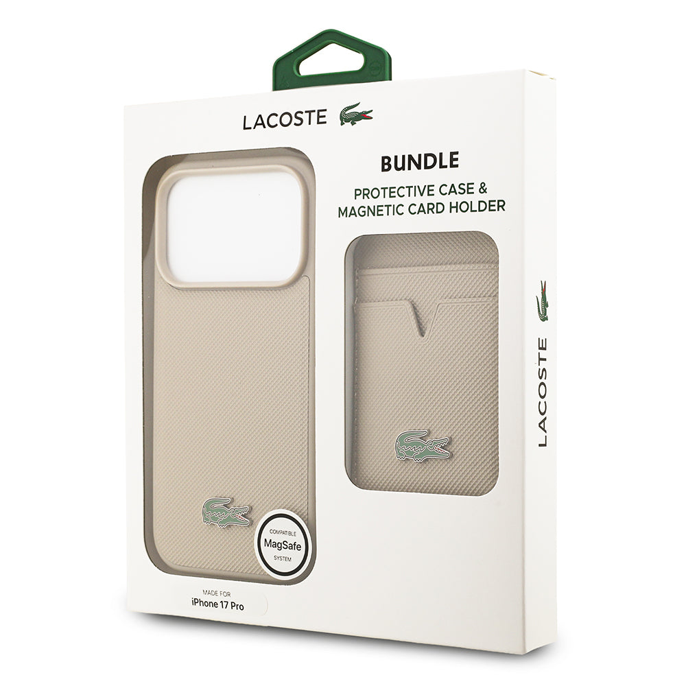 iPhone 17 Pro Kılıf Lacoste Orjinal Lisanslı M-safe Şarj Özellikli PU Pike Desenli Metal Logolu Kartlıklı Kapak