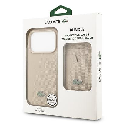 iPhone 17 Pro Kılıf Lacoste Orjinal Lisanslı M-safe Şarj Özellikli PU Pike Desenli Metal Logolu Kartlıklı Kapak