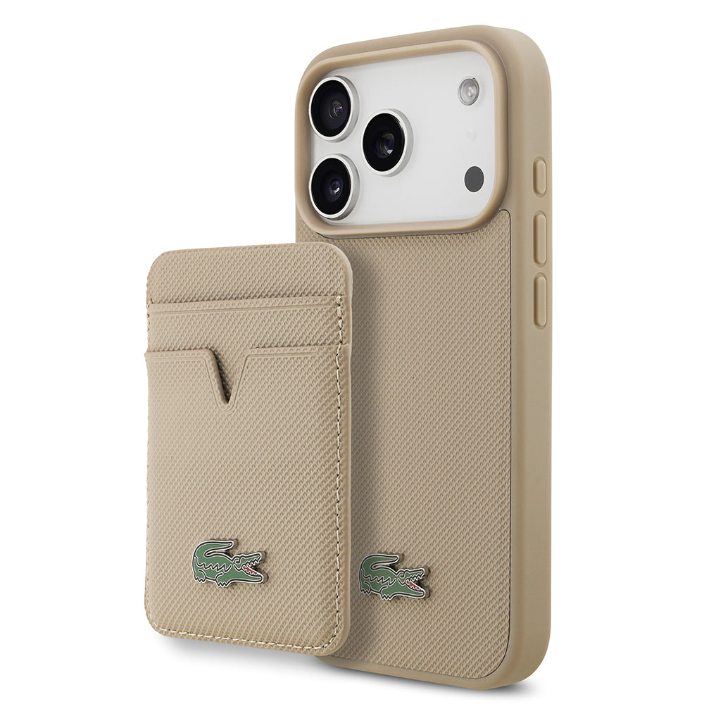 iPhone 17 Pro Kılıf Lacoste Orjinal Lisanslı M-safe Şarj Özellikli PU Pike Desenli Metal Logolu Kartlıklı Kapak