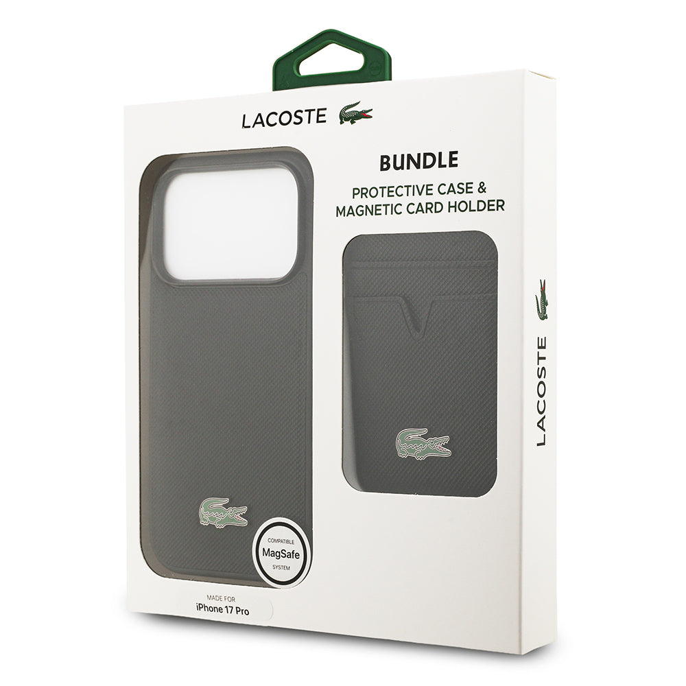 iPhone 17 Pro Kılıf Lacoste Orjinal Lisanslı M-safe Şarj Özellikli PU Pike Desenli Metal Logolu Kartlıklı Kapak