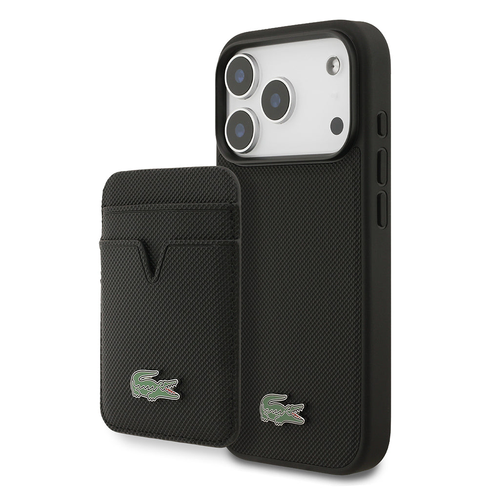 iPhone 17 Pro Kılıf Lacoste Orjinal Lisanslı M-safe Şarj Özellikli PU Pike Desenli Metal Logolu Kartlıklı Kapak