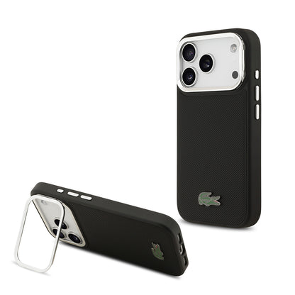 iPhone 17 Pro Kılıf Lacoste Orjinal Lisanslı M-safe Şarj Özellikli PU Pike Desenli Standlı Metal Logolu Kapak