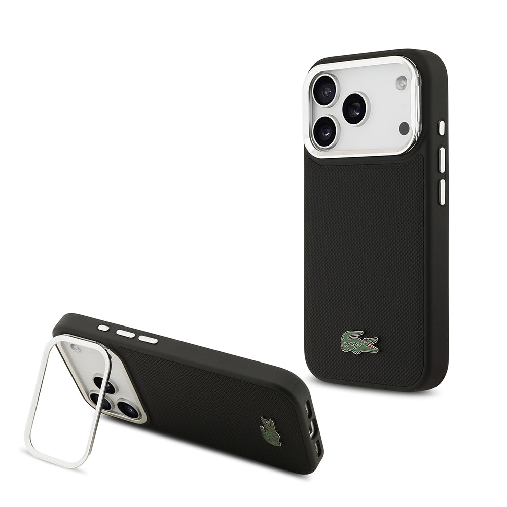 iPhone 17 Pro Kılıf Lacoste Orjinal Lisanslı M-safe Şarj Özellikli PU Pike Desenli Standlı Metal Logolu Kapak
