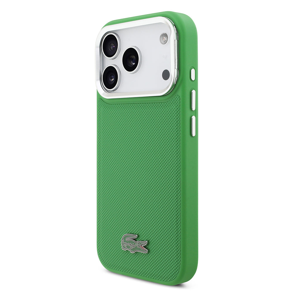 iPhone 17 Pro Kılıf Lacoste Orjinal Lisanslı M-safe Şarj Özellikli PU Pike Desenli Standlı Metal Logolu Kapak