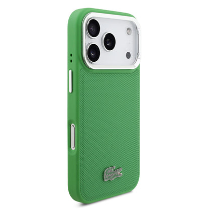 iPhone 17 Pro Kılıf Lacoste Orjinal Lisanslı M-safe Şarj Özellikli PU Pike Desenli Standlı Metal Logolu Kapak