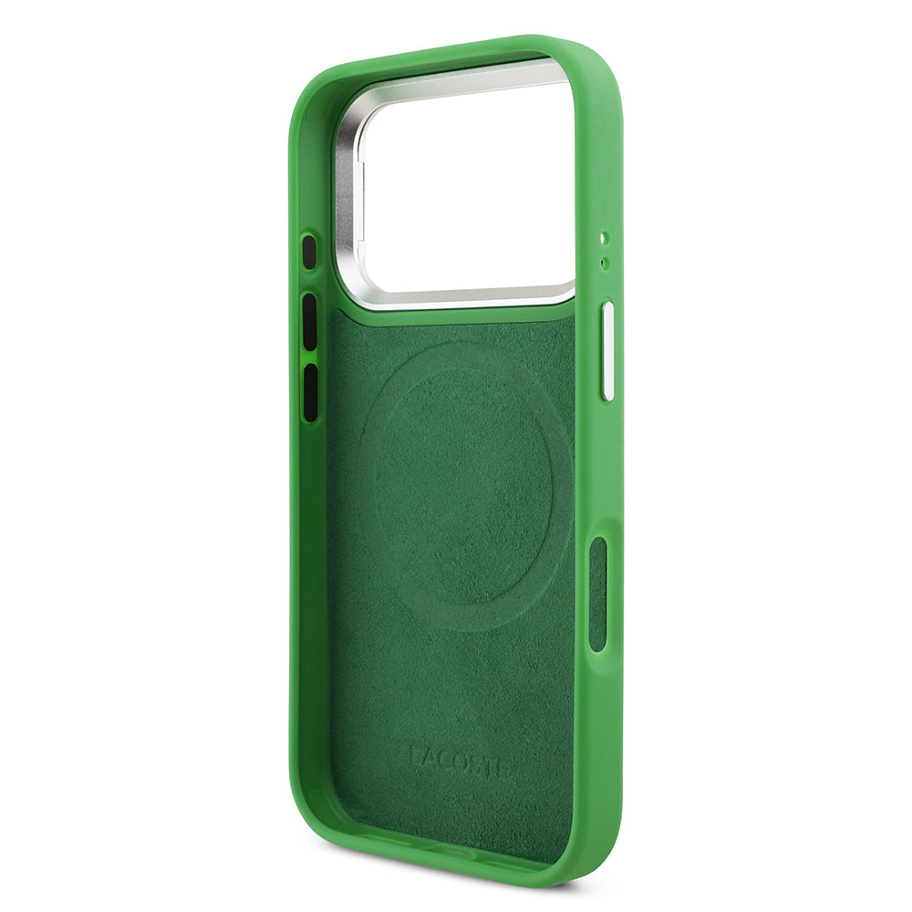 iPhone 17 Pro Kılıf Lacoste Orjinal Lisanslı M-safe Şarj Özellikli PU Pike Desenli Standlı Metal Logolu Kapak