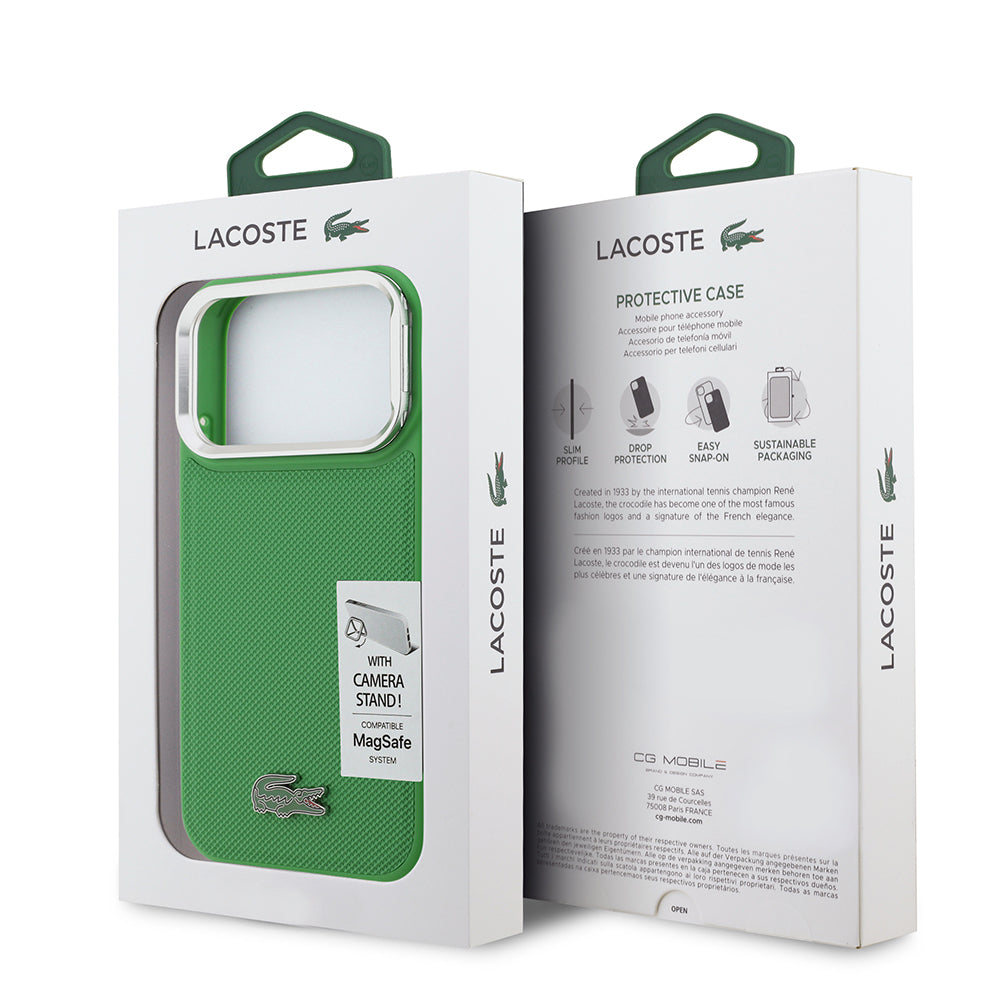 iPhone 17 Pro Kılıf Lacoste Orjinal Lisanslı M-safe Şarj Özellikli PU Pike Desenli Standlı Metal Logolu Kapak