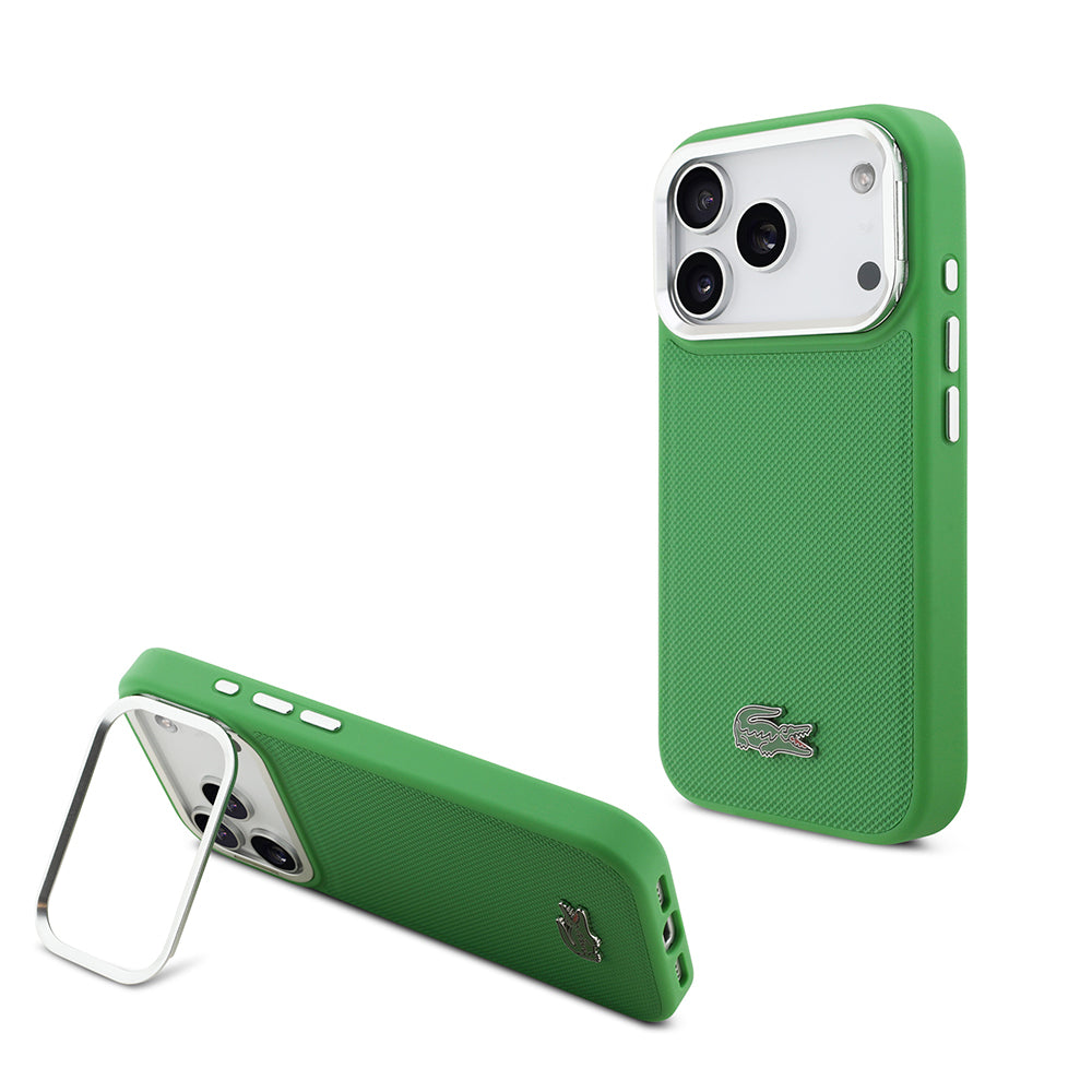 iPhone 17 Pro Kılıf Lacoste Orjinal Lisanslı M-safe Şarj Özellikli PU Pike Desenli Standlı Metal Logolu Kapak