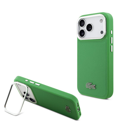 iPhone 17 Pro Kılıf Lacoste Orjinal Lisanslı M-safe Şarj Özellikli PU Pike Desenli Standlı Metal Logolu Kapak