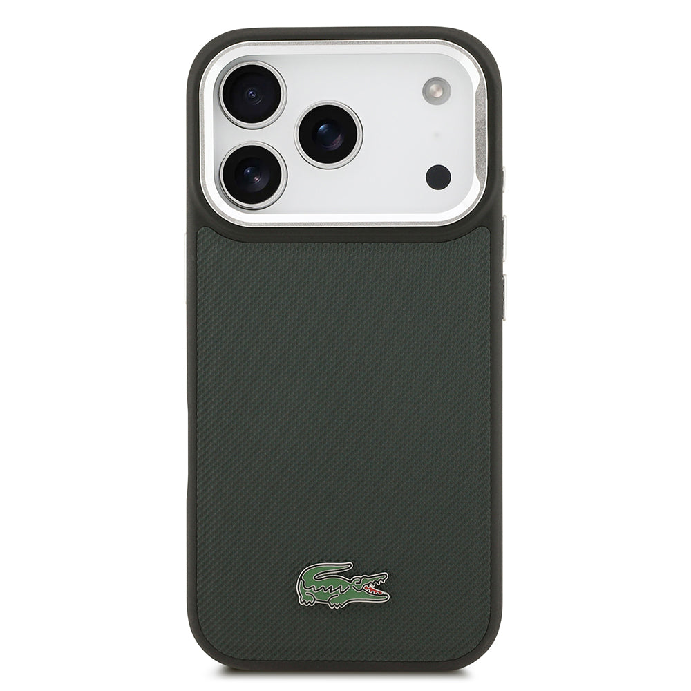 iPhone 17 Pro Kılıf Lacoste Orjinal Lisanslı M-safe Şarj Özellikli PU Pike Desenli Standlı Metal Logolu Kapak