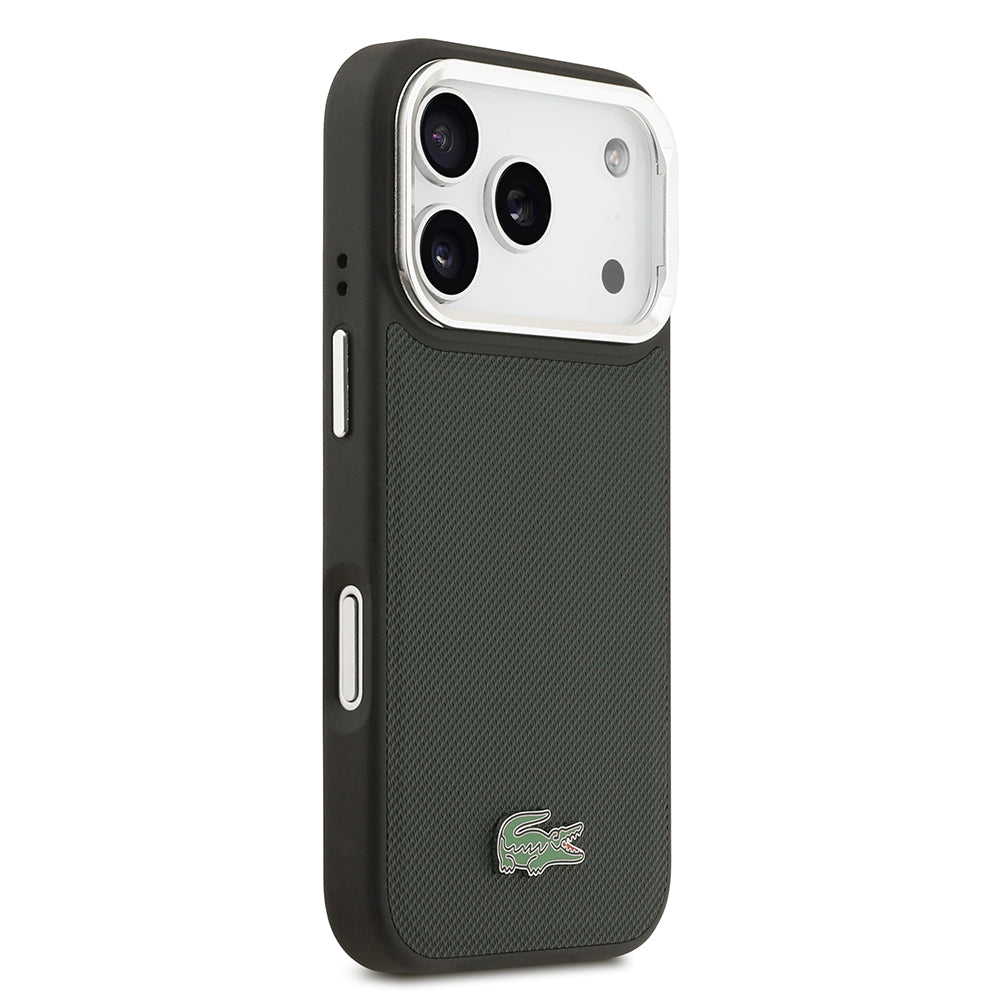 iPhone 17 Pro Kılıf Lacoste Orjinal Lisanslı M-safe Şarj Özellikli PU Pike Desenli Standlı Metal Logolu Kapak