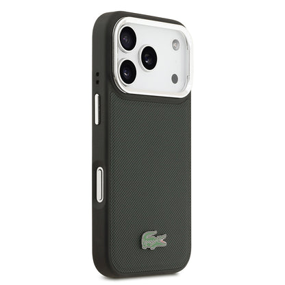 iPhone 17 Pro Kılıf Lacoste Orjinal Lisanslı M-safe Şarj Özellikli PU Pike Desenli Standlı Metal Logolu Kapak