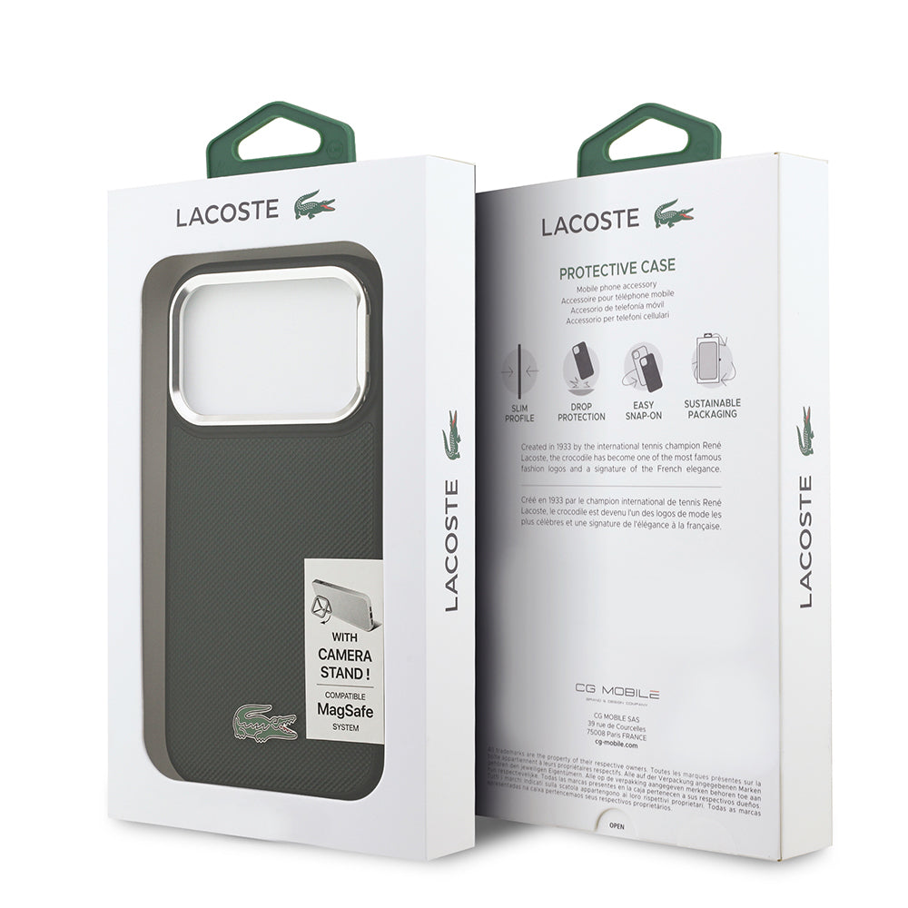 iPhone 17 Pro Kılıf Lacoste Orjinal Lisanslı M-safe Şarj Özellikli PU Pike Desenli Standlı Metal Logolu Kapak