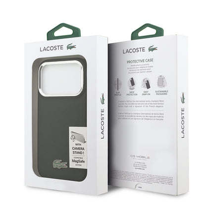 iPhone 17 Pro Kılıf Lacoste Orjinal Lisanslı M-safe Şarj Özellikli PU Pike Desenli Standlı Metal Logolu Kapak