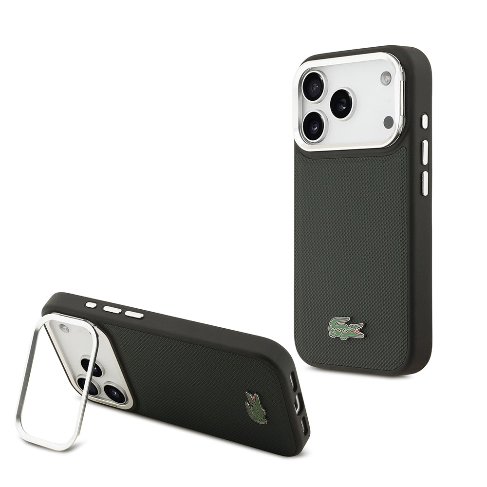 iPhone 17 Pro Kılıf Lacoste Orjinal Lisanslı M-safe Şarj Özellikli PU Pike Desenli Standlı Metal Logolu Kapak