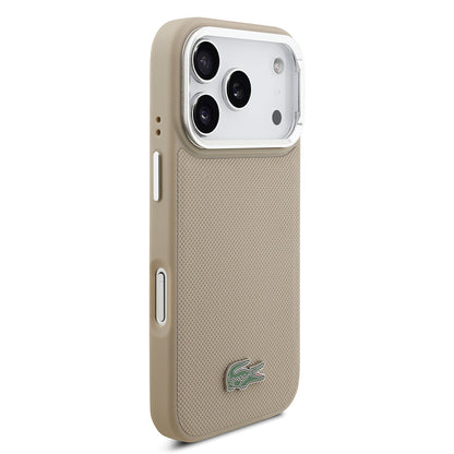 iPhone 17 Pro Kılıf Lacoste Orjinal Lisanslı M-safe Şarj Özellikli PU Pike Desenli Standlı Metal Logolu Kapak
