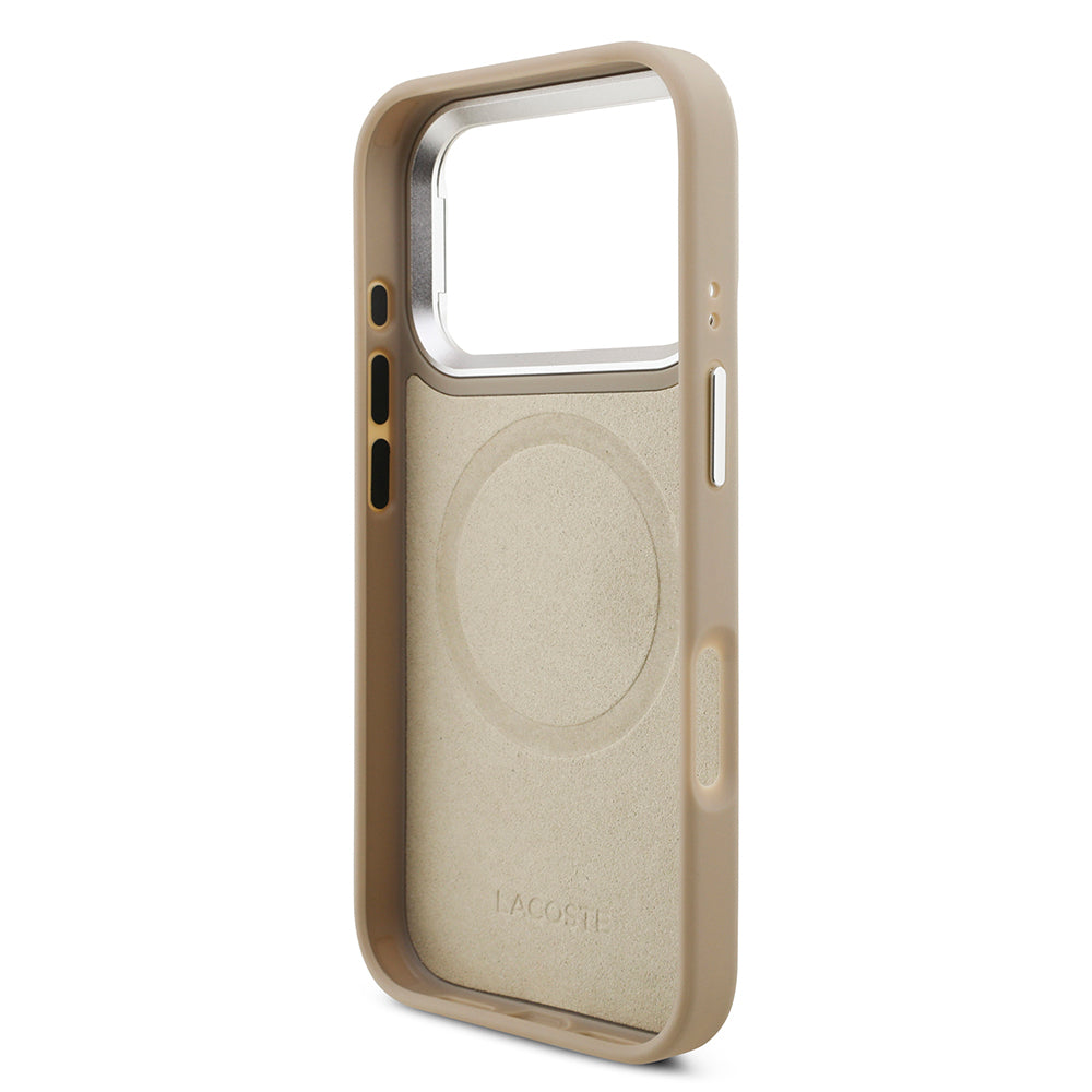 iPhone 17 Pro Kılıf Lacoste Orjinal Lisanslı M-safe Şarj Özellikli PU Pike Desenli Standlı Metal Logolu Kapak