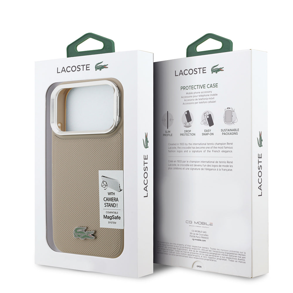 iPhone 17 Pro Kılıf Lacoste Orjinal Lisanslı M-safe Şarj Özellikli PU Pike Desenli Standlı Metal Logolu Kapak