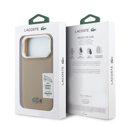 iPhone 17 Pro Kılıf Lacoste Orjinal Lisanslı M-safe Şarj Özellikli PU Pike Desenli Standlı Metal Logolu Kapak