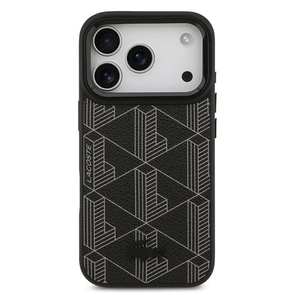 Apple iPhone 17 Pro Kılıf Lacoste Orjinal Lisanslı M-safe Şarj Özellikli Standlı PU Deri Karışık Monogram Desenli Kapak