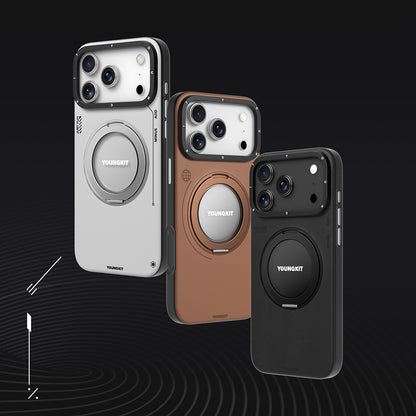 iPhone 17 Pro Kılıf M-safe Şarj Özellikli 360 Derece Standlı Basit Mat Deri Desenli Youngkit Tech Leather Serisi Kapak