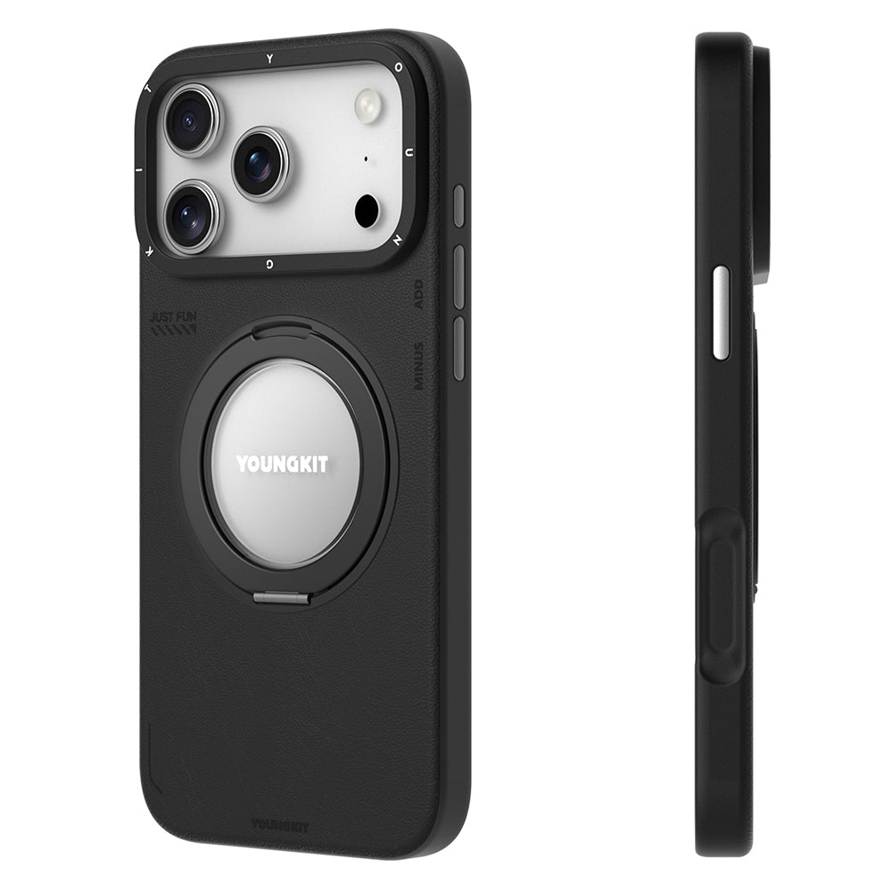 iPhone 17 Pro Kılıf M-safe Şarj Özellikli 360 Derece Standlı Basit Mat Deri Desenli Youngkit Tech Leather Serisi Kapak