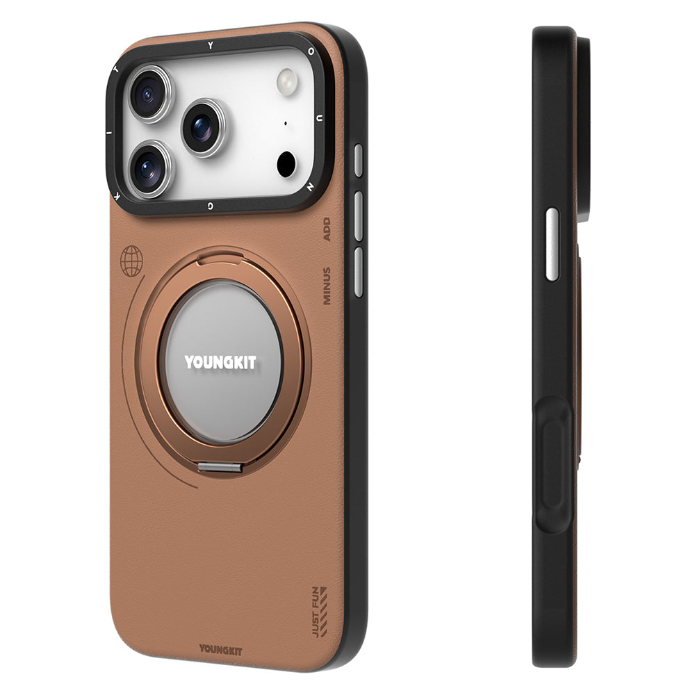 iPhone 17 Pro Kılıf M-safe Şarj Özellikli 360 Derece Standlı Basit Mat Deri Desenli Youngkit Tech Leather Serisi Kapak
