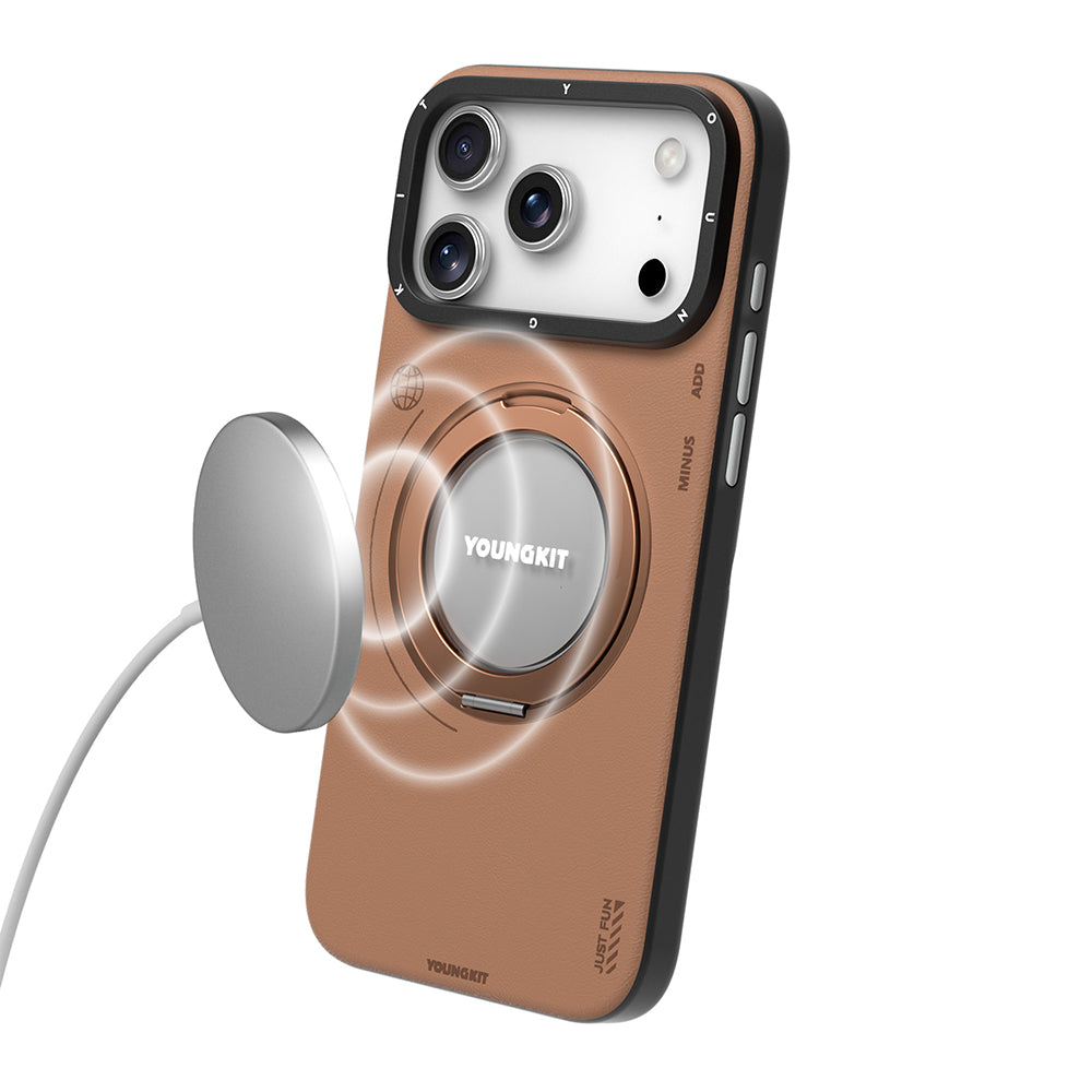 iPhone 17 Pro Kılıf M-safe Şarj Özellikli 360 Derece Standlı Basit Mat Deri Desenli Youngkit Tech Leather Serisi Kapak