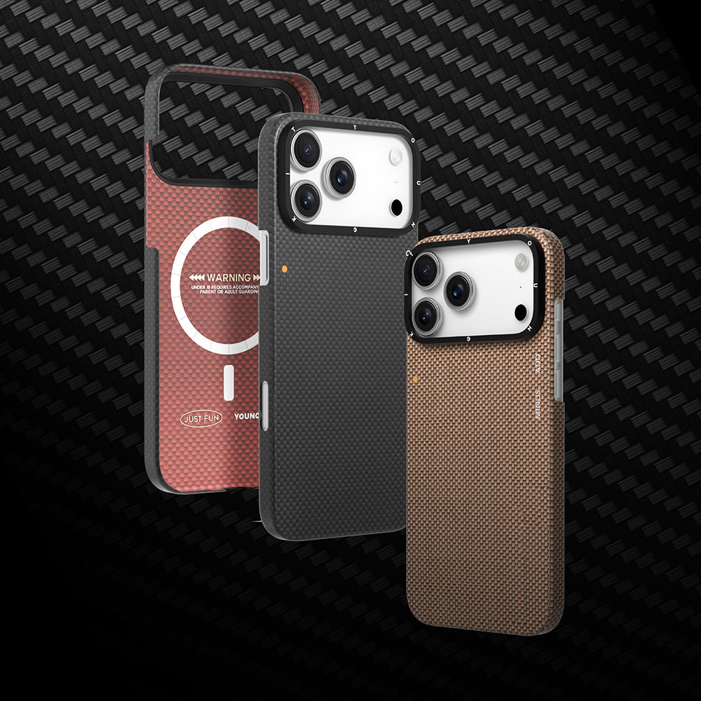 iPhone 17 Pro Kılıf M-safe Şarj Özellikli Aramid Fiber Youngkit 1500D Kevlar Extreme Wing Titanyum-Gold Serisi Kapak