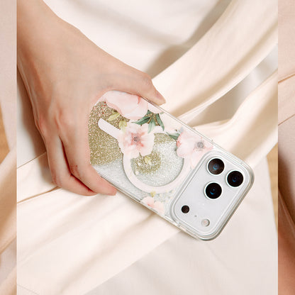 iPhone 17 Pro Kılıf M-safe Şarj Özellikli Çiçek Desenli Simli Arka Yüzey Coehl Fleurette Kapak