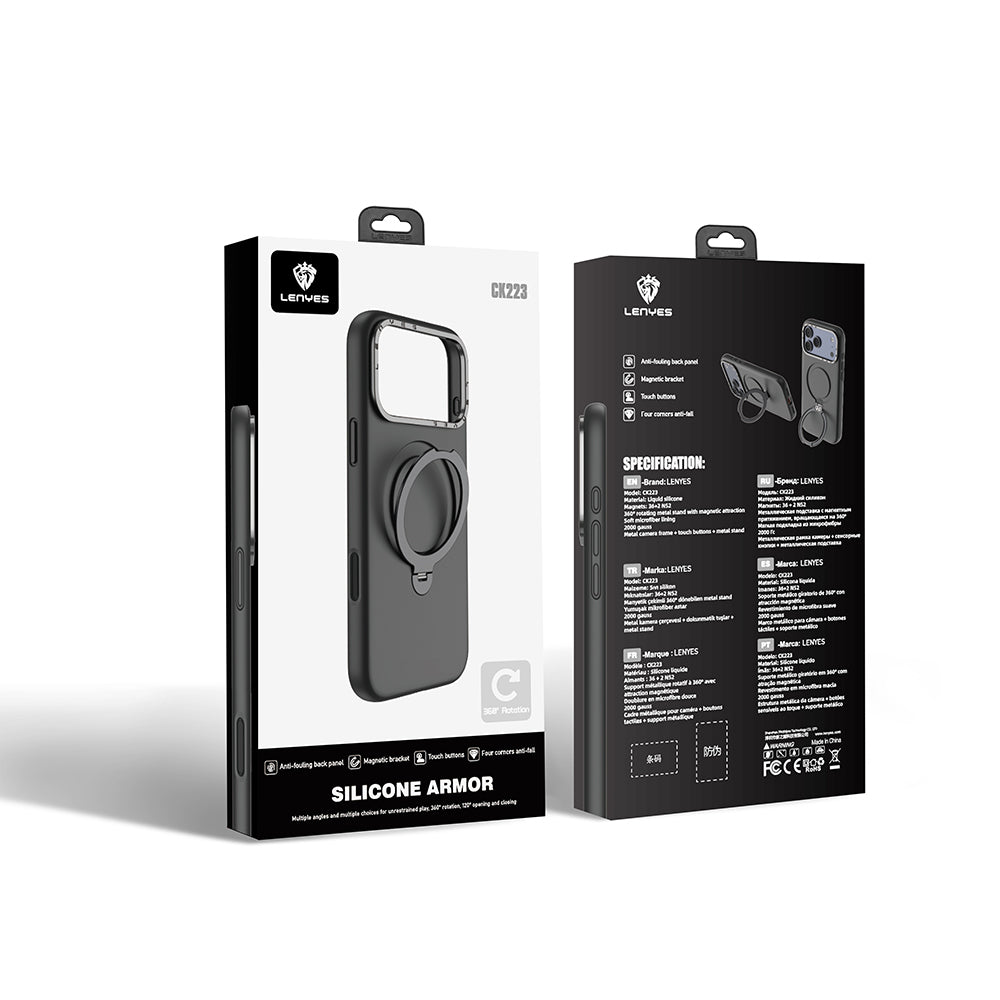 Apple iPhone 17 Pro Kılıf M-safe Şarj Özellikli Metal Standlı Sıvı Silikon Lenyes CK223 Kapak