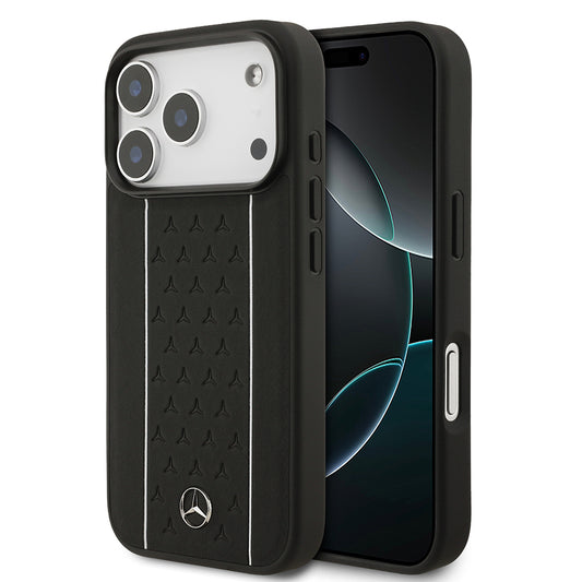 iPhone 17 Pro Kılıf Mercedes Benz Orjinal Lisanslı M-safe Şarj Özellikli Şeritli Yıldız Desenli Metal Logolu Deri Kapak