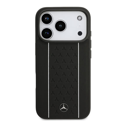 iPhone 17 Pro Kılıf Mercedes Benz Orjinal Lisanslı M-safe Şarj Özellikli Şeritli Yıldız Desenli Metal Logolu Deri Kapak