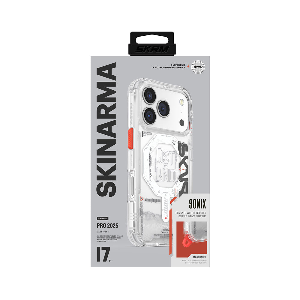 iPhone 17 Pro Kılıf Skinarma M-safe Şarj Özellikli Yazı Desenli Airbag Tasarımlı Sonix Kapak