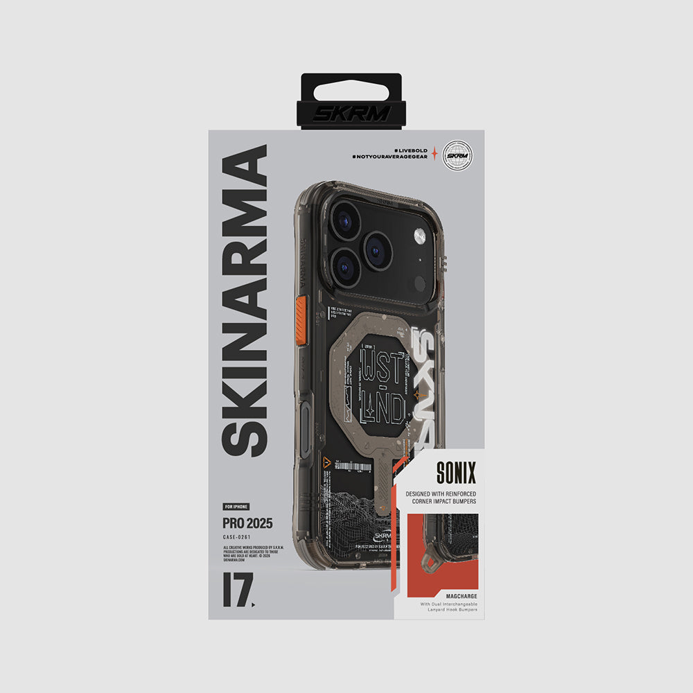 iPhone 17 Pro Kılıf Skinarma M-safe Şarj Özellikli Yazı Desenli Airbag Tasarımlı Sonix Kapak