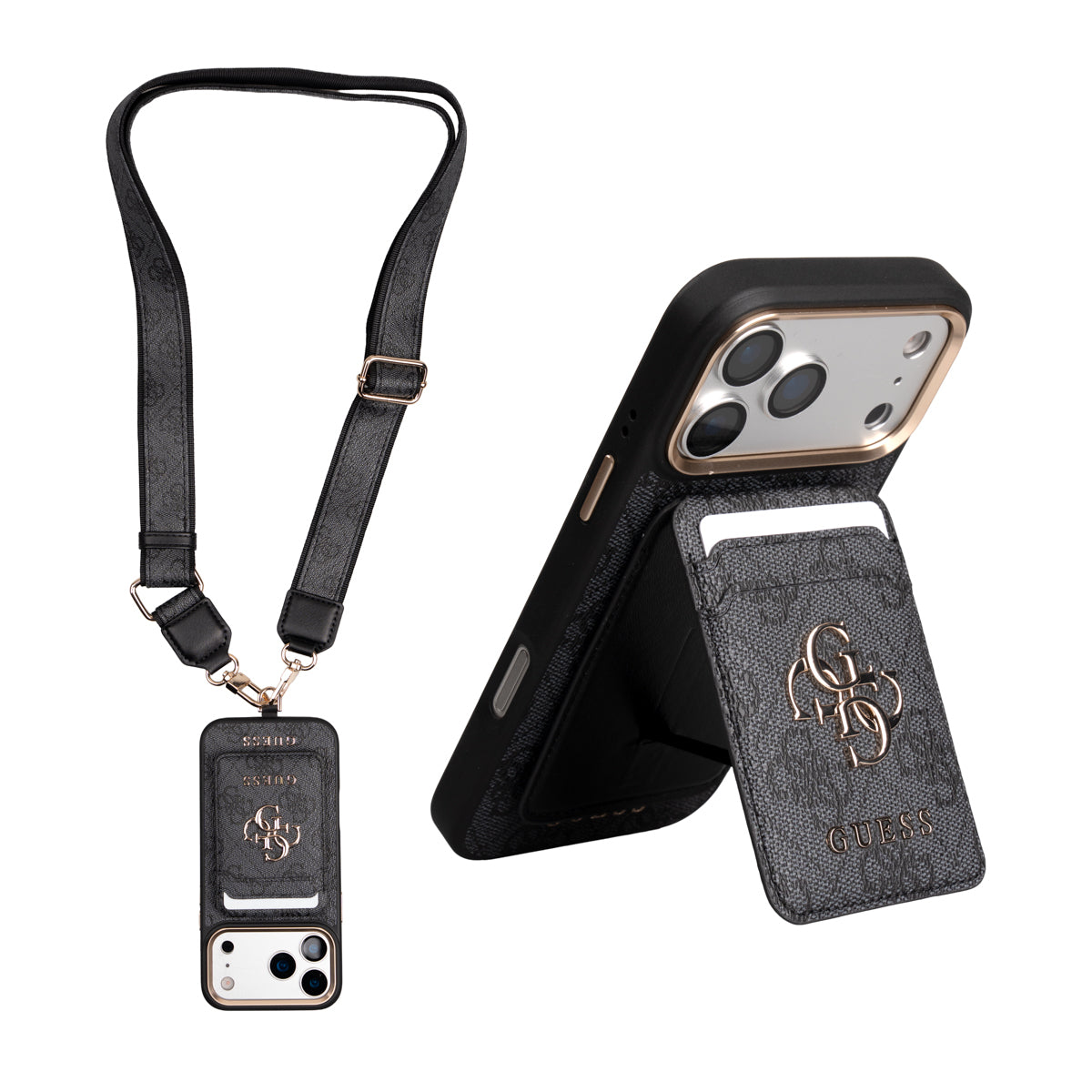 Apple iPhone 17 Pro Max Guess Orjinal Lisanslı 4G ve Yazı Logolu Kılıf + Kartlık + Askı İpi 3in1 Aksesuar Seti
