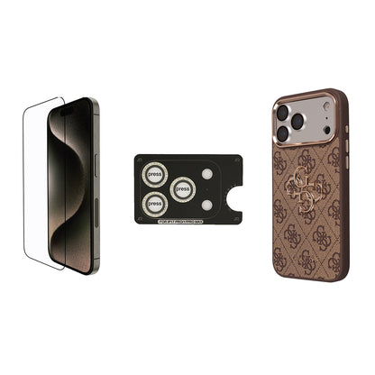 Apple iPhone 17 Pro Max Guess Orjinal Lisanslı Büyük 4G ve Yazı Logolu Kılıf + Ekran Koruyucu + Lens Koruyucu 3in1 Aksesuar Seti